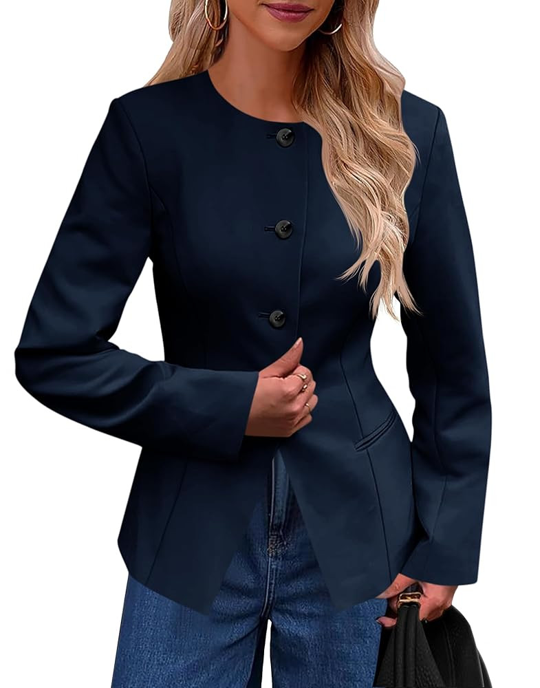 Cicy Bell Womens Business Casual Fitted Blazers Collarless Split Hem Work Office Button Down Suit... | Amazon (US)