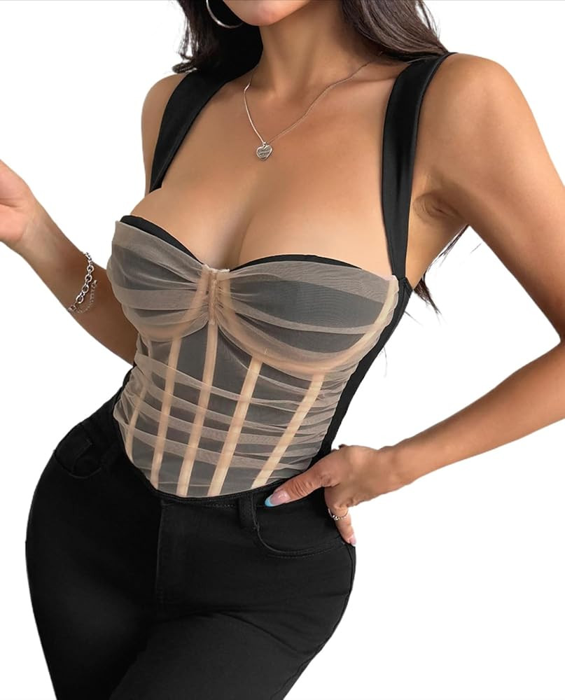 Women’s Mesh Layered Cami Crop Top with Padded Wide Strap Slim Fit Summer Sexy Going Out Tanks ... | Amazon (US)