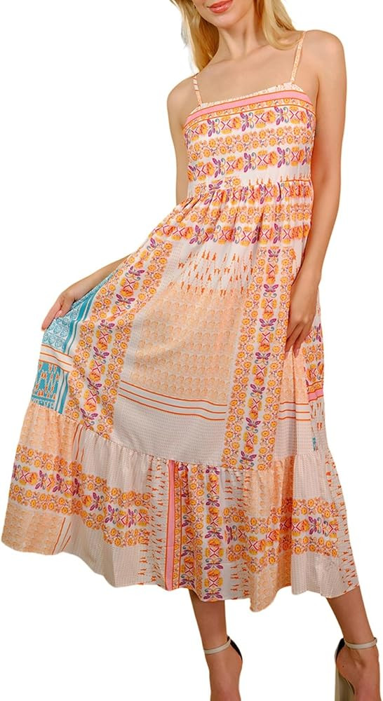 MARZXIN Casual Maxi Dresses for Women Multicolor Boho Patchwork Print Square Neck Sundress Sleeve... | Amazon (US)