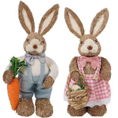 DR.DUDU Set of 2 Easter Decorations for Home- 14" Sisal Bunny Figurines with Carrot & Egg, Spring Straw Bunny Couple Farmhouse Centerpieces for Tables, Easter Rabbits Decor | Amazon (US)