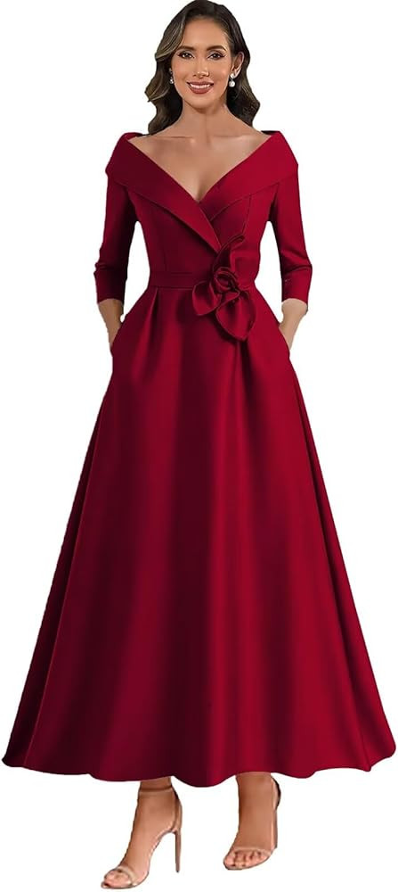 Satin Mother of Bride Dresses Tea Length Long Sleeve Wedding Guest Dress with Pockets Eleagnt For... | Amazon (US)