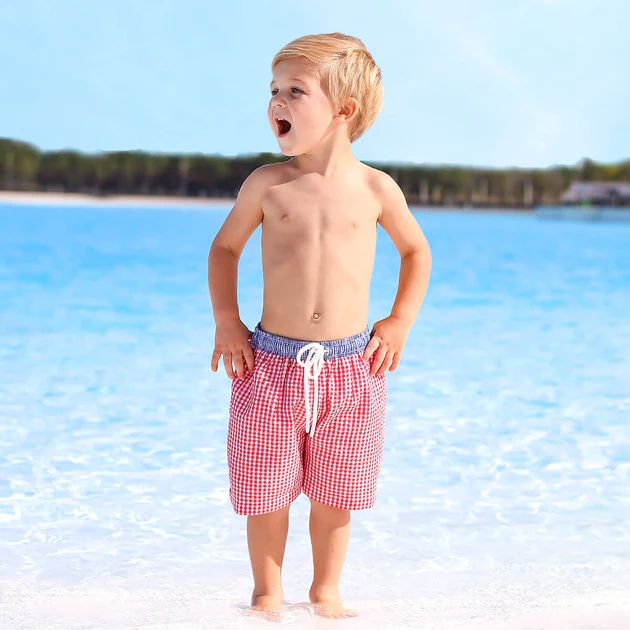 Red Gingham Seersucker Swim Trunks | Classic Whimsy