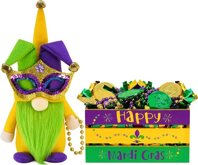 CRCZK Mardi Gras Decorations Wooden Crate with Mardi Gras Gnome Plush,1 Glitter Party Tinsel 3 Be... | Amazon (US)