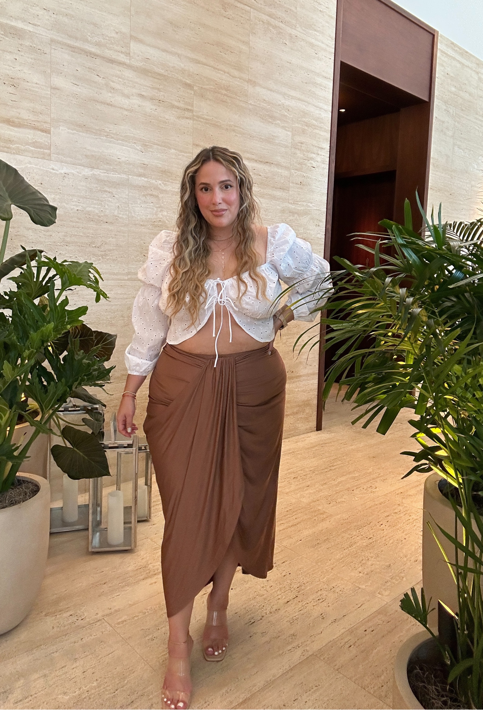 Brunch Spring season has arrived! This amazing skirt & cutest open peasant crop top is just *chefs kiss* added a body chain and clear wedges to finish the look. 🫶🏼✨✨✨✨

I’m 5’4, wearing XL in both
Skirt color: coffee

#LTKstyletip #LTKcurves #LTKSeasonal