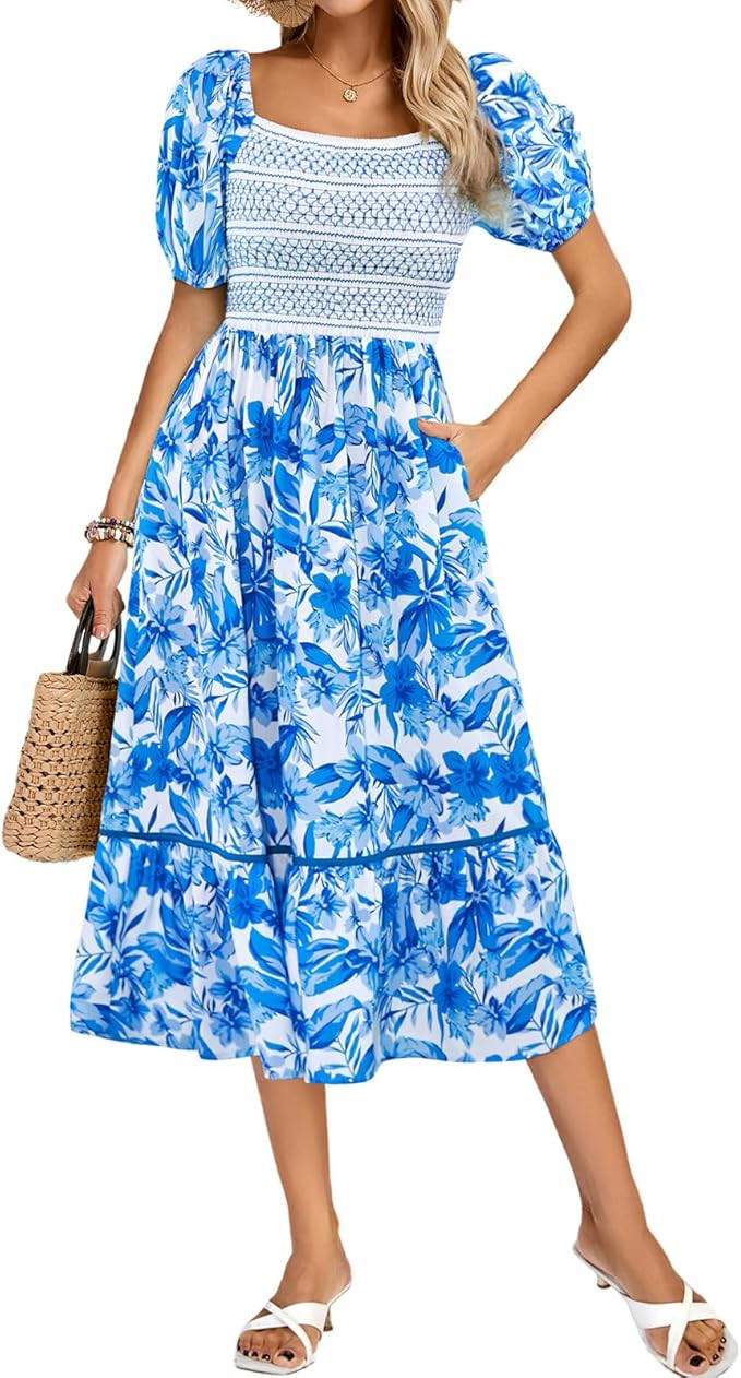 Kate Kasin Women's Summer Floral Boho Dresses Casual Square Neck Smocked Flowy Tiered Beach Midi ... | Amazon (US)