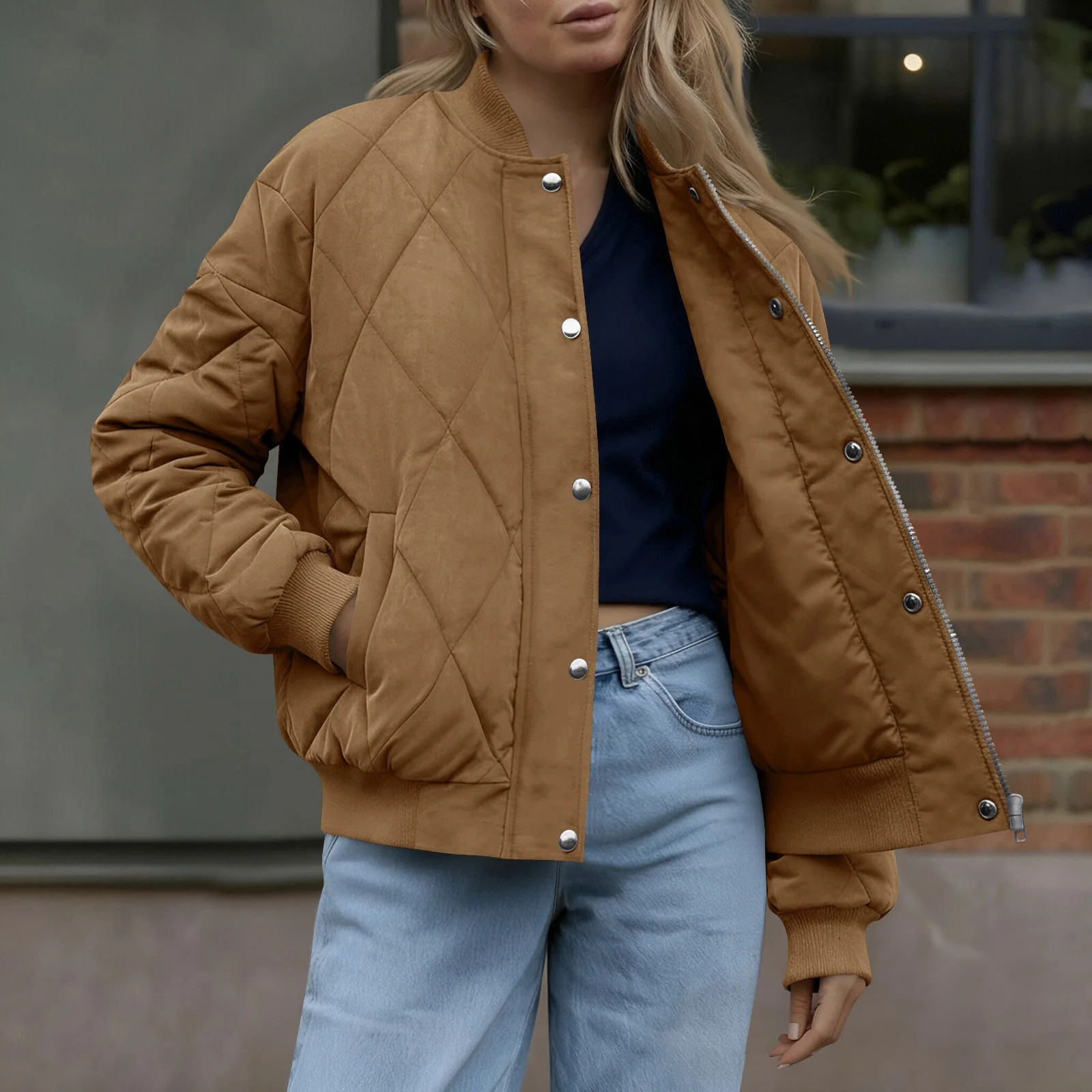 Women's Quilted Lightweight Jacket, Snap Button Cropped Padded Coat Windproof Casual Outerwear Ja... | Walmart (US)