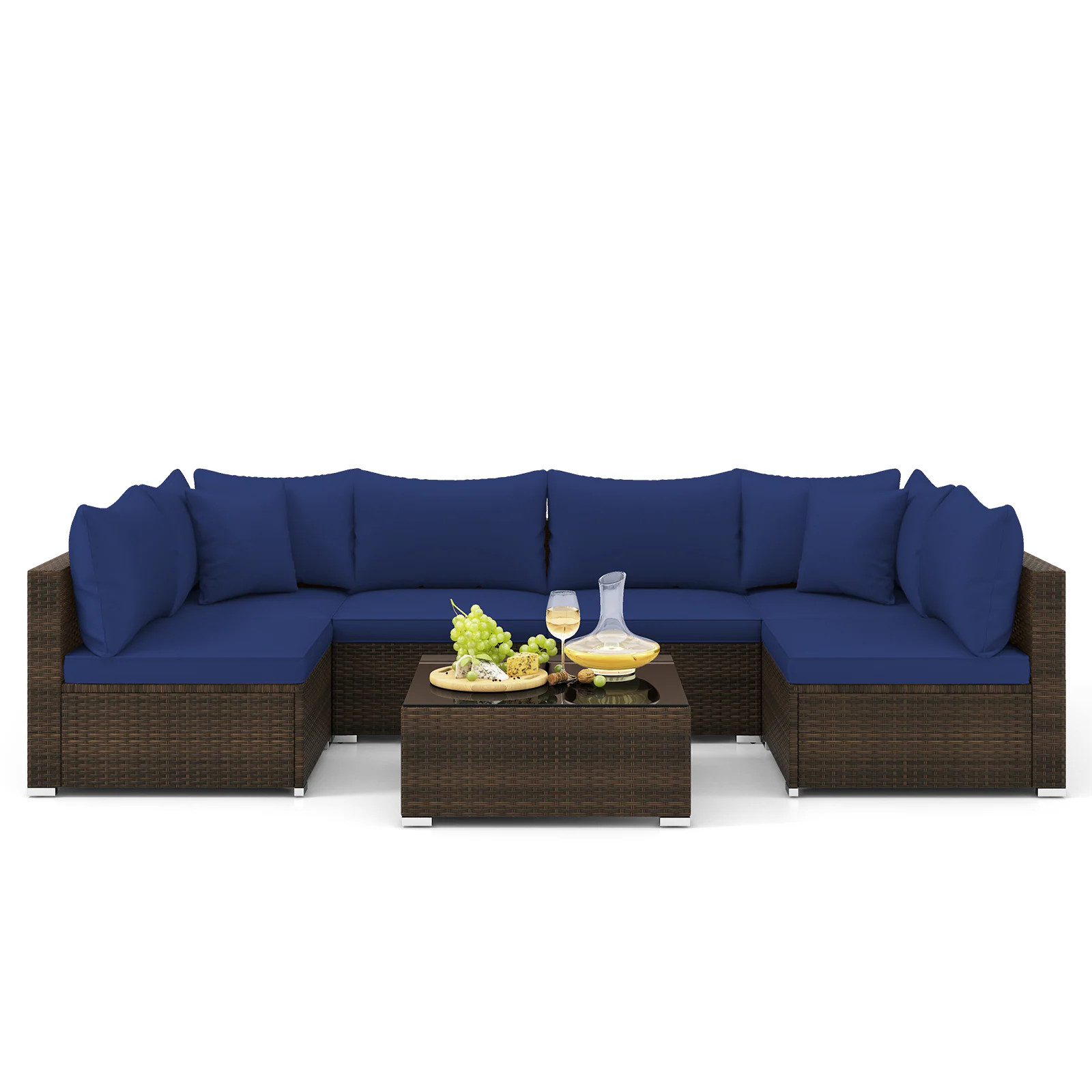 Slickblue 7 Piece Rattan Outdoor Sectional Sofa with Beige/Navy Cushions and Steel Frame for Patio Garden Backyard or Poolside Polyester one_size | Lowe's