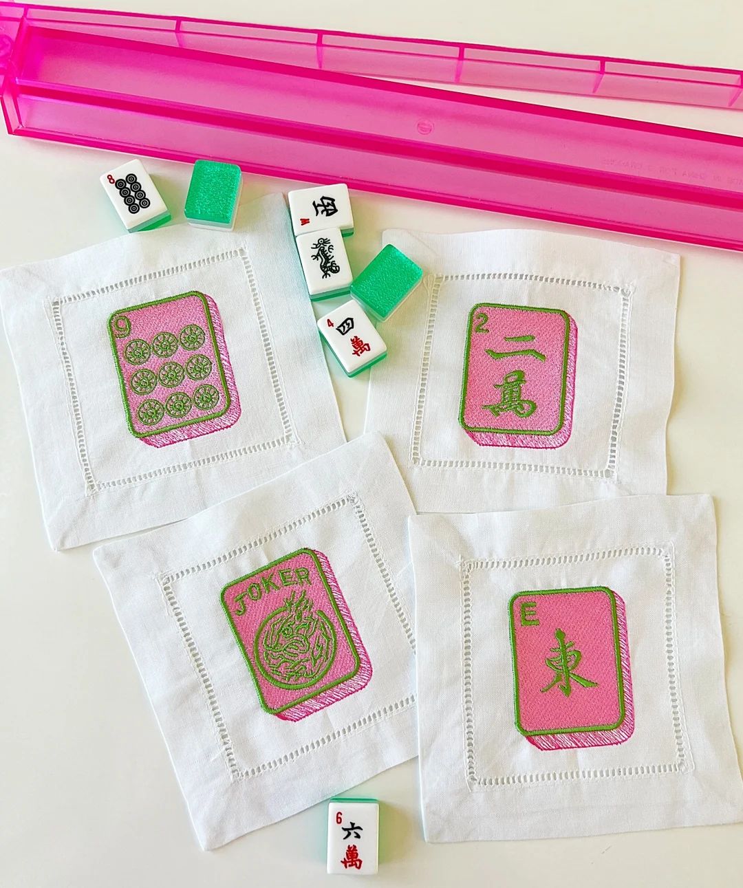 Mahjong cocktail napkins hemstitched linen . 6x6. Set of 4. Pink and green. Cute! Embroidered | Etsy (US)