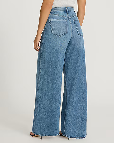 High Waisted Medium Wash Pleated Relaxed Wide Leg Jeans | Express