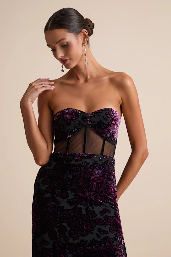 Breathtaking View Black Mesh Burnout Velvet Strapless Maxi Dress | Lulus