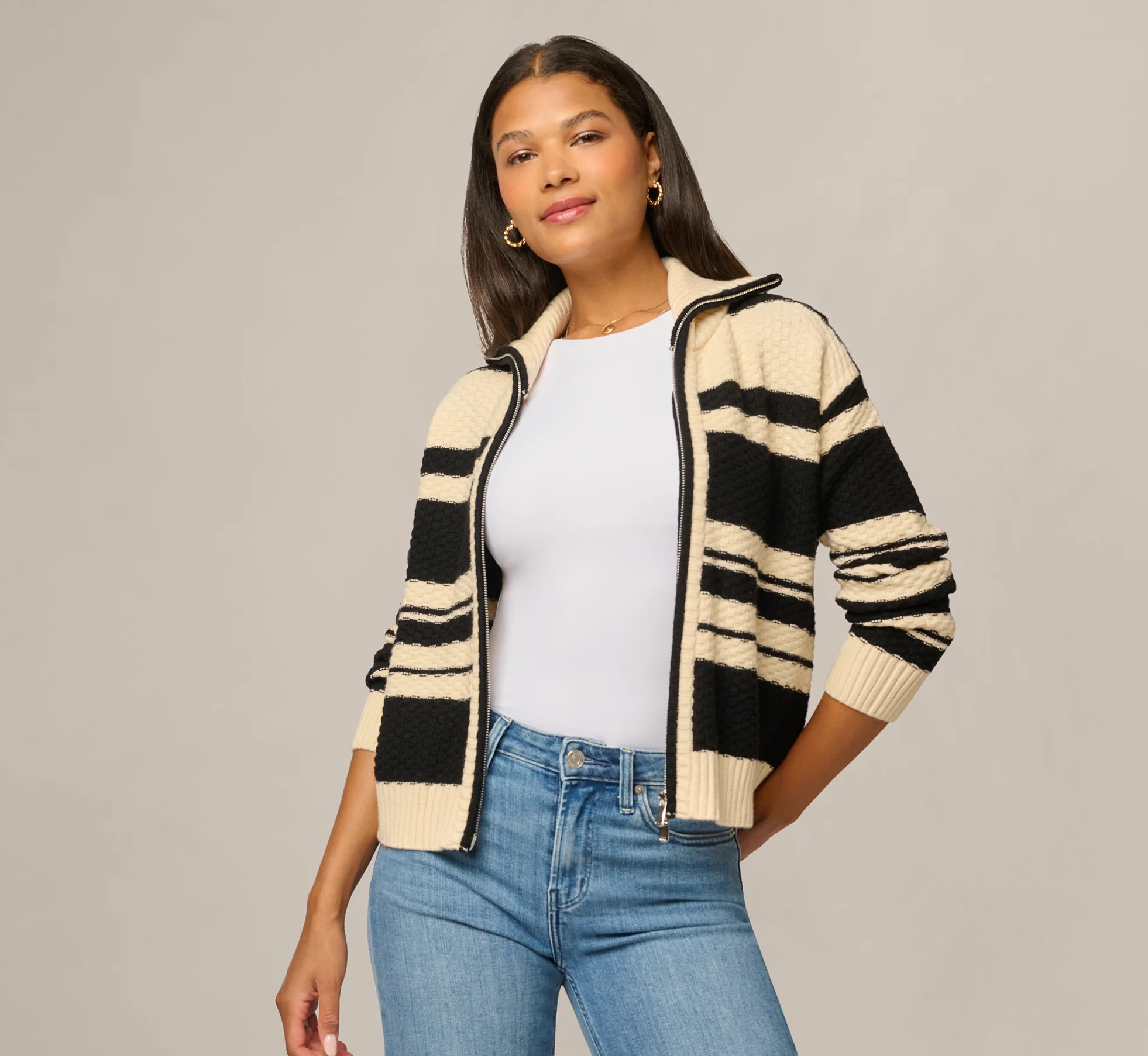 White Long Sleeve Zipper Collar Cardigan Sweater - Adrianna Papell | Adrianna Papell