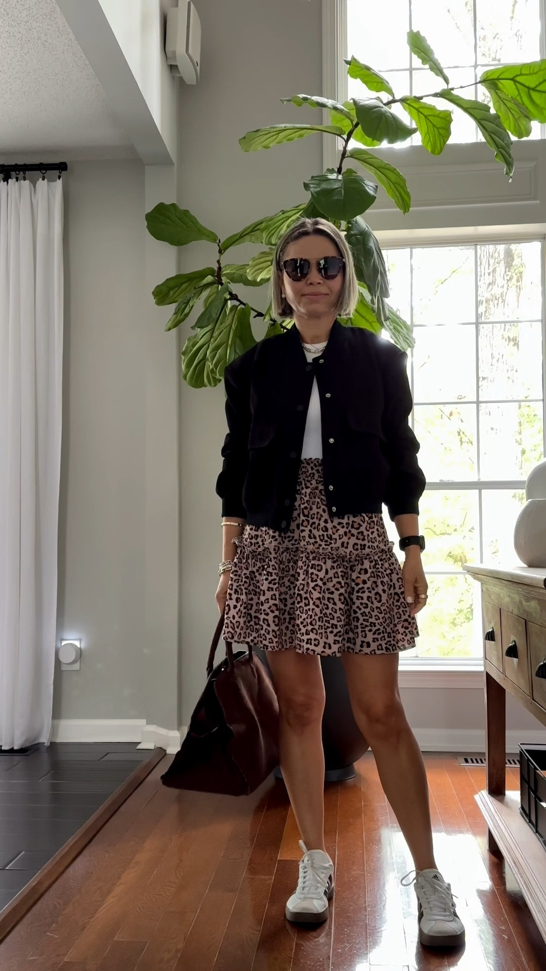 Leopard mini skirt paired with white racer back T-shirt, sambas and Jackets

#LTKStyleTip #LTKPetite #LTKItBag