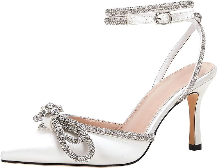 VETASTE Women's Double Bow Pointed Toe Ankle Strap Crystal Pumps Wedding Bridal Party Stilettos Backless Satin Heeled Sandals | Amazon (US)