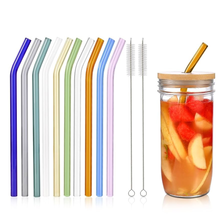10 Pcs Reusable Bent Glass Drinking Straws,9''x10 mm Colorful Glass Straws for Beverages, Shakes,... | Amazon (US)