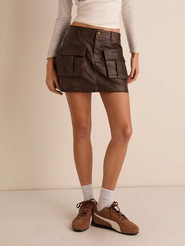 SHEIN EZwear Women's PU Cargo Brown Mini Skirt, Casual Daily Wear | SHEIN