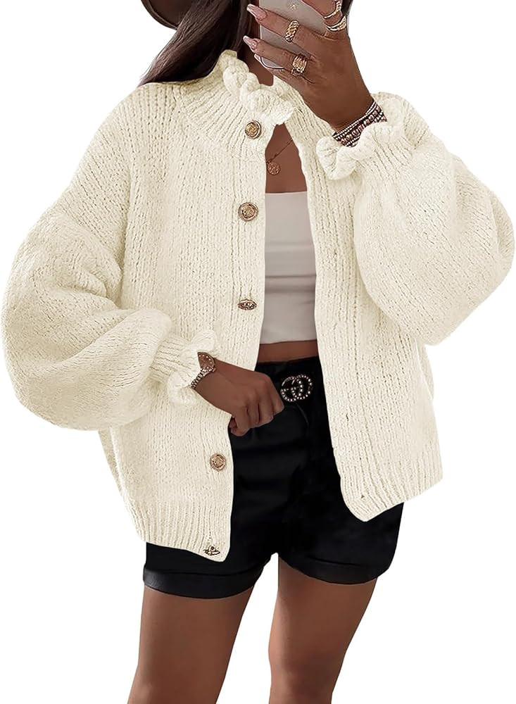 Saodimallsu Womens Ruffle Cardigan Oversized Button Up Fall Trendy Ribbed Knit Open Front Long Sl... | Amazon (US)