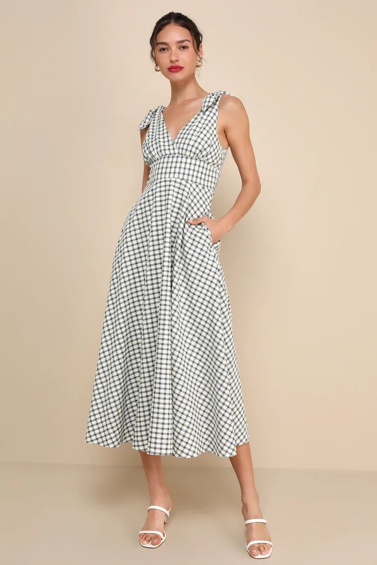 Sweetest Posture Navy and Cream Gingham Midi Dress With Pockets | Lulus