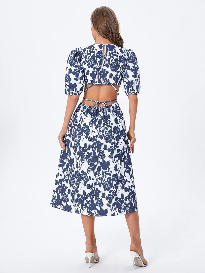 SweatyRocks Women's Boho Floral Puff Sleeve Cut Out Dress Tie Back A Line Midi Dresses | Amazon (US)
