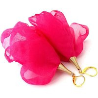 Hot Pink Earrings, Flower Long Dangle Fabric Feather Gold Plated Ethereal Earrings | Etsy (US)