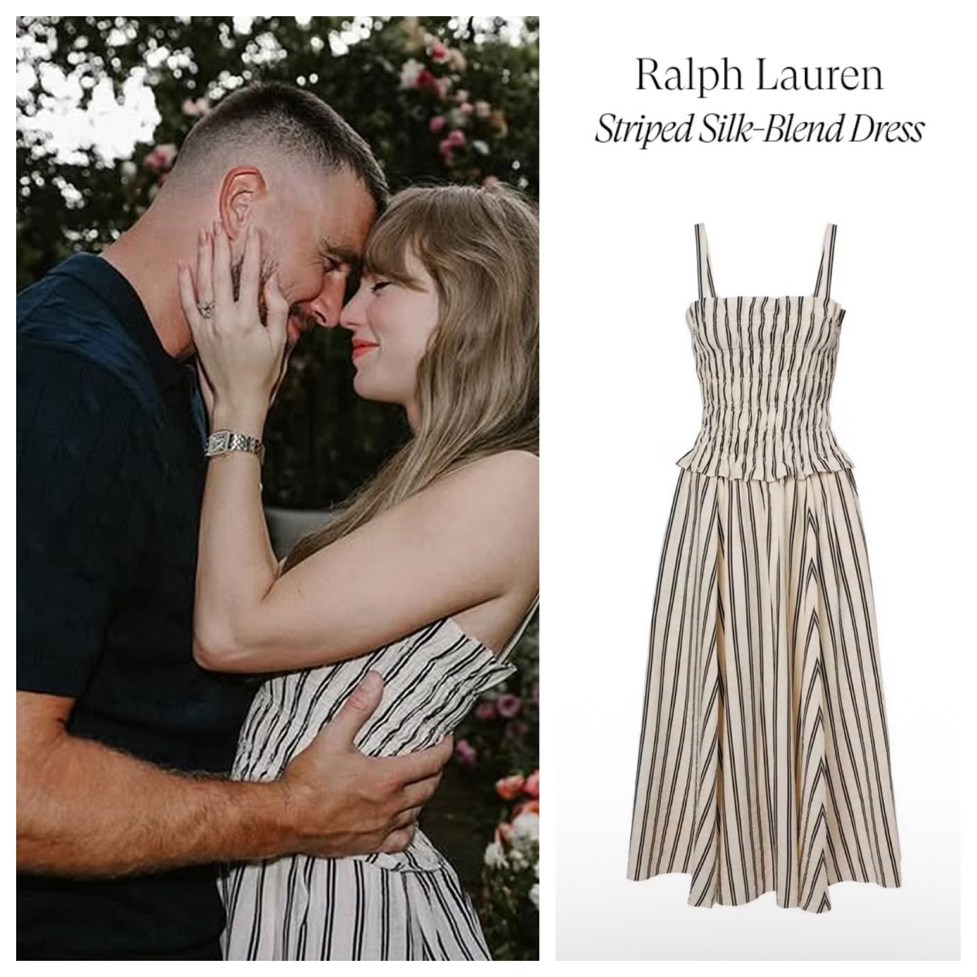 Taylor and Travis forever! 💍💞 ✨  A big congrats to Taylor Swift and Travis Kelce on their engagement but as soon as I saw the announcement I wanted to know what she was wearing! 

The dress?  A Ralph Lauren Striped Silk-Blend Dress, the perfect mix of timeless elegance and effortless charm.  #RalphLauren #StripedDress #SilkDress #DateNightStyle #RomanticStyle #SummerFashion #OOTDInspo #TravisKelce #TaylorSwift

#LTKStyleTip