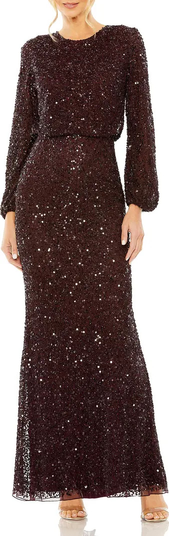 High Neck Long Sleeve Beaded Blouson Gown | Nordstrom