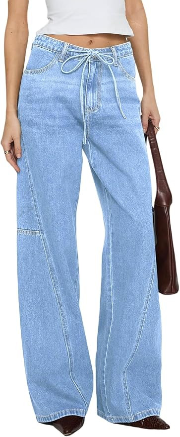 Sidefeel Women's Wide Leg Jeans Low Waisted Stretchy Drawstring Button Down Denim Pants | Amazon (US)