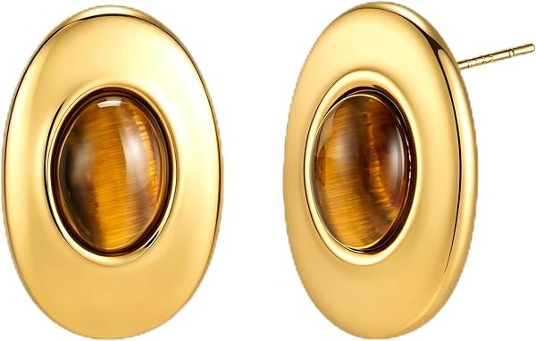 Gold Statement Stud Earrings for Women,Chunky Tiger Eye Stone Earrings | Amazon (US)