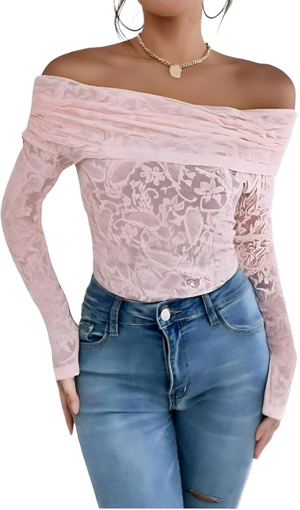 Women’s Off Shoulder Lace Ruched Tops Long Sleeve Slim Fit Blouses Shirts 2026 Going Out T-Shir... | Amazon (US)