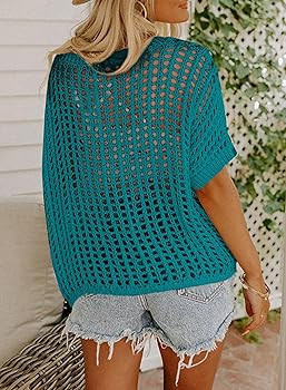 Dokotoo Womens Summer Scoop Neck Short Sleeve Sweater Casual Crochet Hollow Out Knit Tops Pullove... | Amazon (US)
