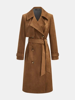 Belted Faux Suede Double‑Breasted Trench Coat | Commense