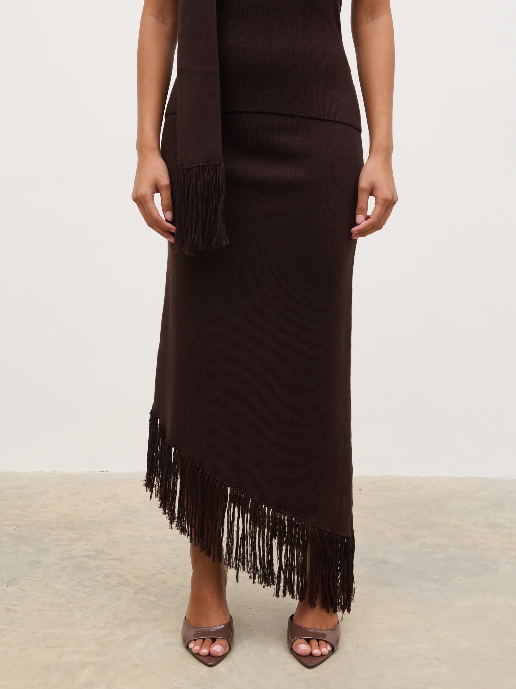 Polly Fringe Knit Maxi Skirt - Chocolate | Pretty Lavish (UK)