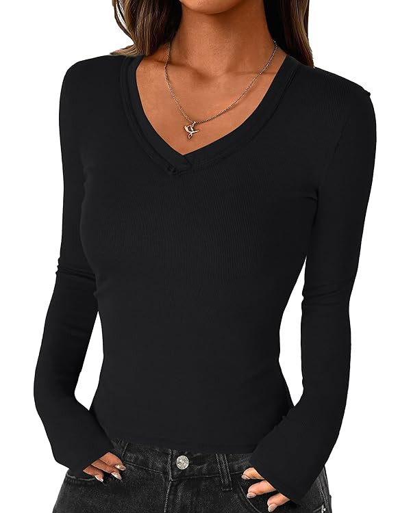 Darong Long Sleeve Tshirts for Women Fall Fashion V Neck Basics Crop Tops Slim Fitted Y2K Tops Ri... | Amazon (US)