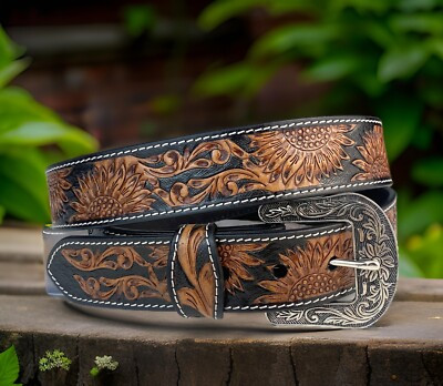 Full Grain Leather Hand Tooled Western Belt Cowboy Rodeo Beaded Removable Buckle  | eBay | eBay US