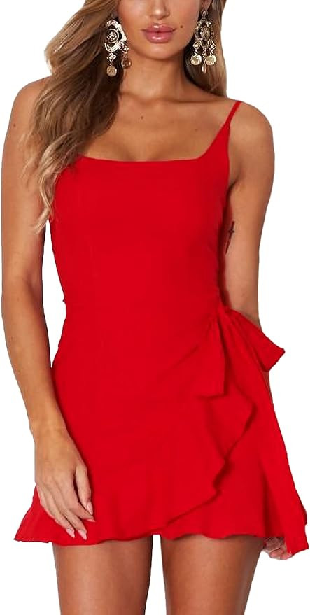 Relipop Women's Dress Spaghetti Strap Waist Tie Knot Wrap Front Ruffle Hem Short Dress | Amazon (US)