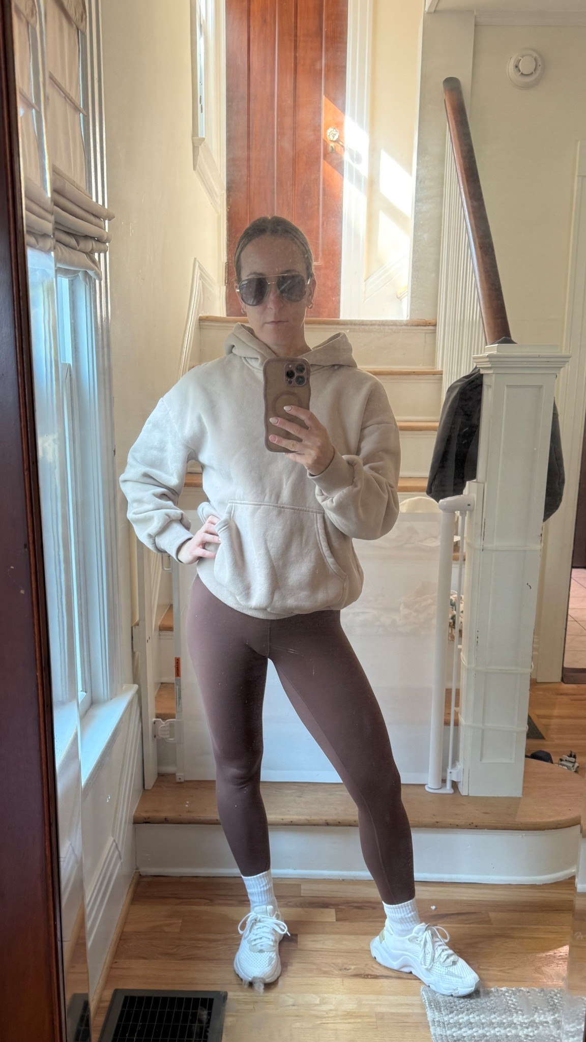 Comfy leggings outfits for post partum - sweatshirt is from a yummy set (worth buying the whole thing) & leggings are my favorite CRZ yoga of course.. old Sorel sneakers linked similar!