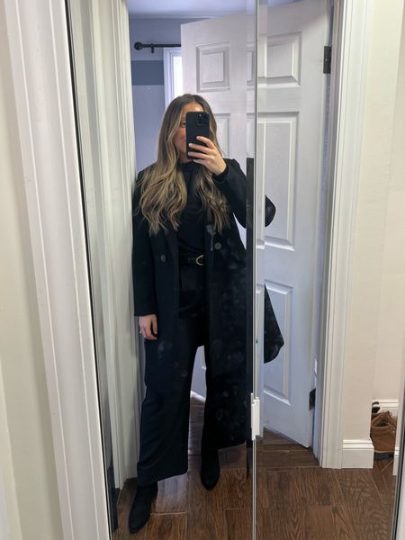 Everything is TTS. Black outfit. Winter outfits. Black wool coat. Black trouser outfit. Abercrombie. Black booties. Work outfit. Office outfits. 

#LTKworkwear #LTKmidsize #LTKstyletip
