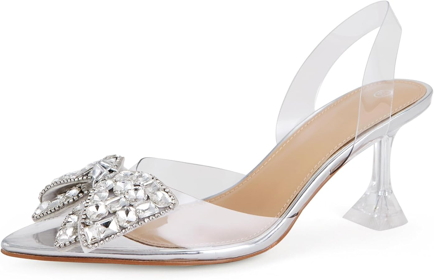 SHOBOO Women's Rhinestone Bow Clear Heels Pointed Toe Pumps Slingback Wedding Party Dress Shoes | Amazon (US)