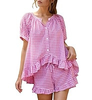 Flygo Womens Gingham Pajamas Set 2 Piece Cotton Pj Lounge Sets Puff Sleeve Ruffle Babydoll Shirt ... | Amazon (US)