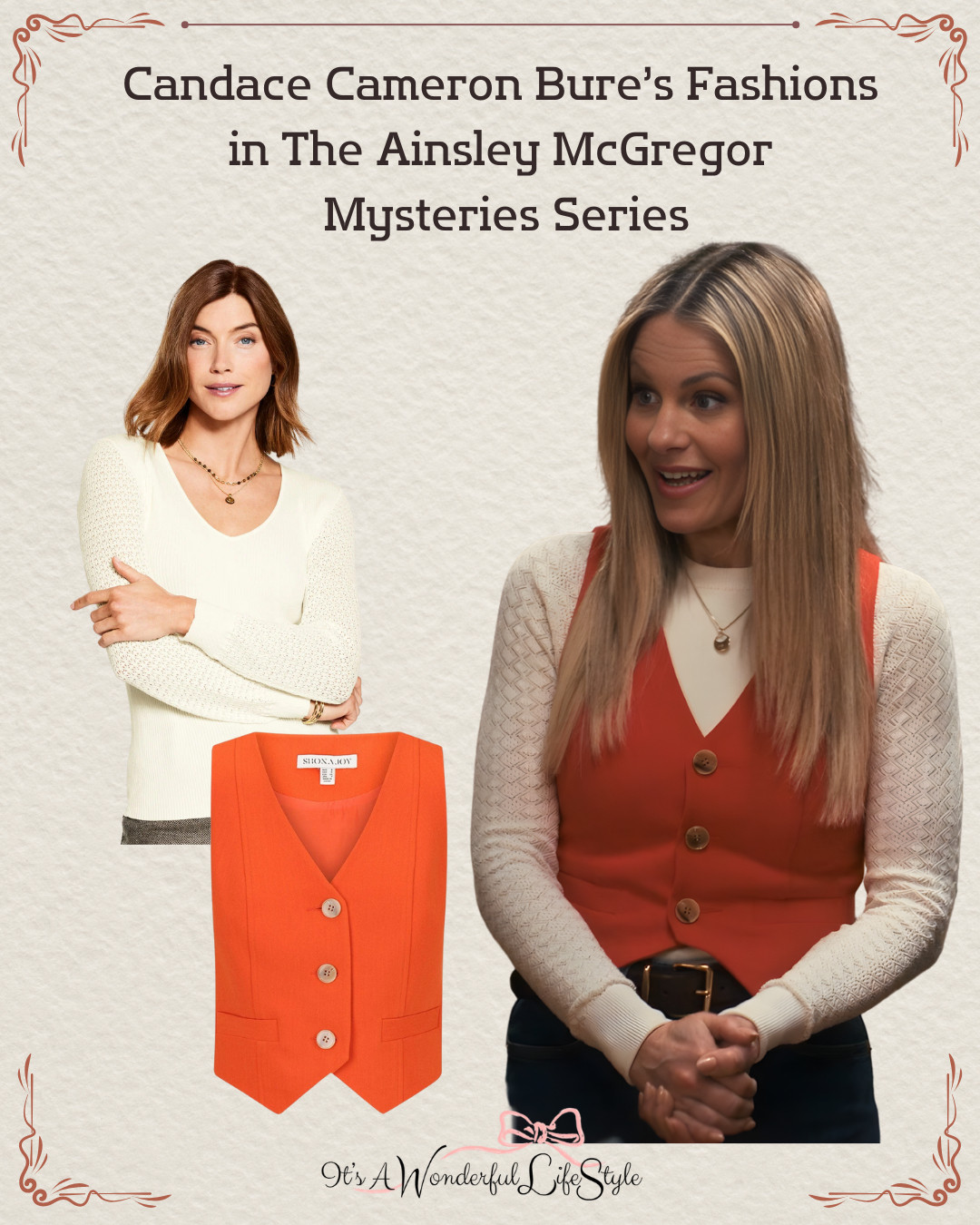 Spotted on Candace Cameron Bure ✨ Shop her Top & Vest seen in the "Ainsley McGregor Mysteries"  

 #LTKdayinmylife #LTKootd #LTKSeasonal