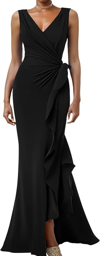 Women's Elegant Sleeveless V Neck Bodycon Ruched Split Wrap Wedding Evening Formal Long Dress | Amazon (US)