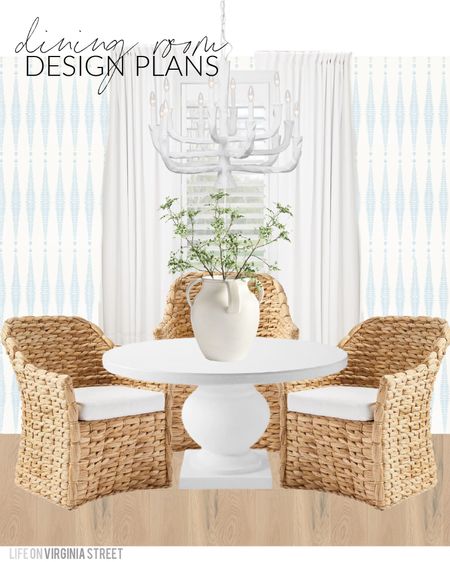 Tentative dining room plans for our Florida new build including blue and white patterned wallpaper, white linen drapes, a white chandelier, white concrete dining table, woven seagrass dining chairs, my favorite faux greenery and a white ceramic vase. Get more details and additional design plans here: https://lifeonvirginiastreet.com/florida-design-plan-ideas/
.
#ltkhome #ltksalealert #ltkunder50 #ltkunder100 #ltkstyletip #ltkfind #ltkseasonal

#LTKhome #LTKSeasonal #LTKsalealert