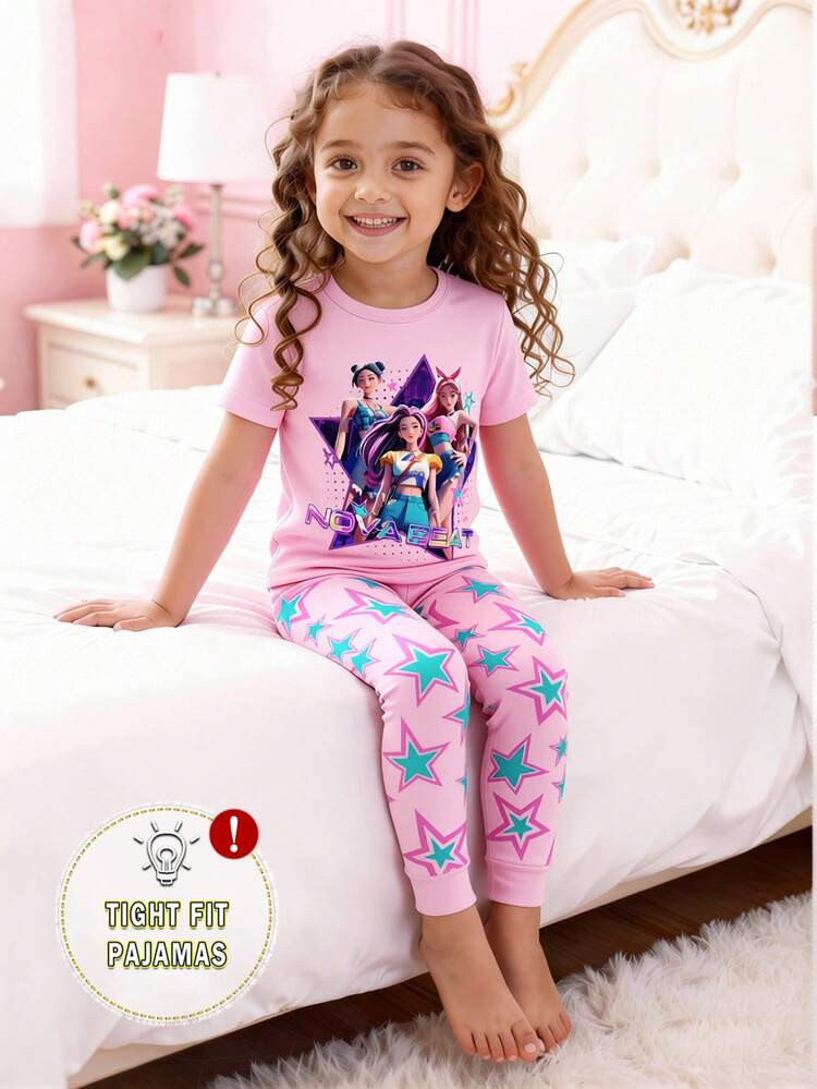 SHEIN Two-Piece Girls' Fashion Colorful Korean Cartoon Character Gradient Print Short-Sleeved Shirt And Long Pants Pajama Set, Perfect For Summer Wear. Spring/Summer Snug Fit | SHEIN