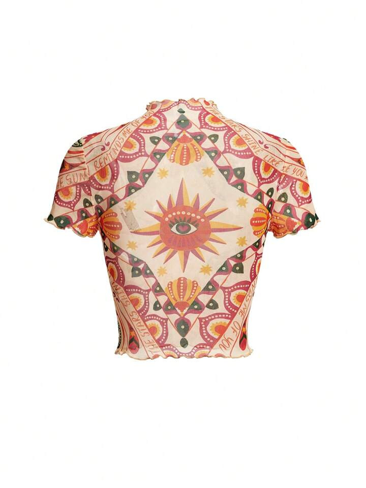 Y2Kool The Sun Artist Vacation Casual Short-Sleeved Slim Fit Mesh Printed Women Top, For Summer, Holiday, Going Out, Festival, Ibiza Fits, Western Wear Autumn Party Top | SHEIN