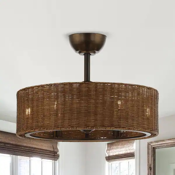 24" Rustic Oil-rubbed Bronze Rattan 6-Speed Caged Ceiling Fan Chandelier with Remote | Bed Bath & Beyond