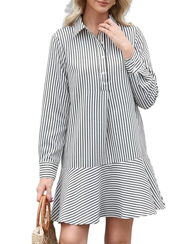 EZAPINE Womens Striped Shirt Mini Dress Long Sleeve Collared Ruffle Hem Button Up Tunic Flowy Swi... | Amazon (US)