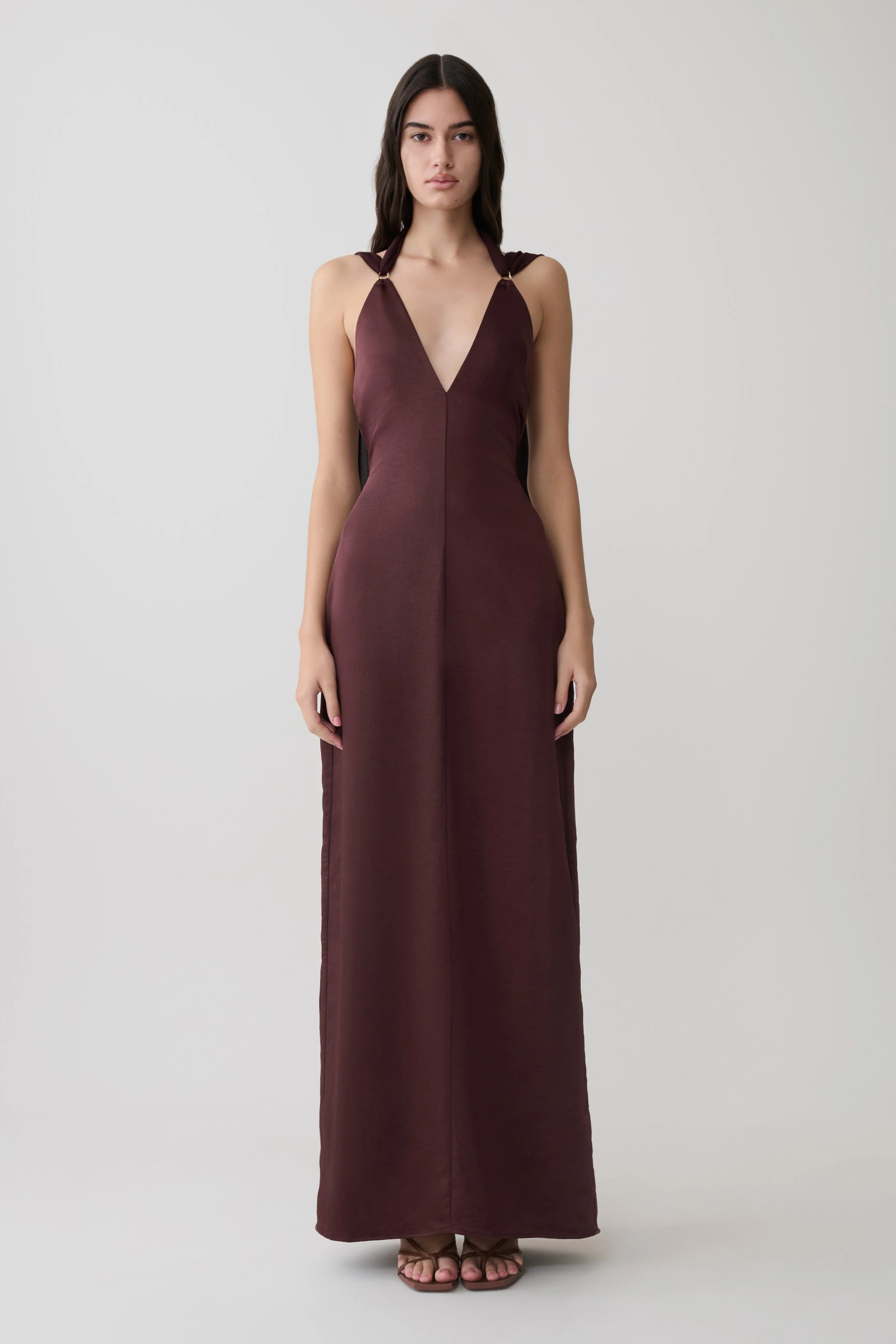 Myla Draped Shoulders Satin Maxi Dress - Chocolate | MESHKI US