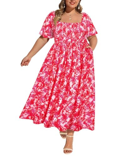 RITERA Plus Size Dresses for Curvy Women Floral Short Sleeve Summer Dress 2X Square Neck Smocked Wedding Guest Rose Red Maxi Ruffle Sundress Casual Beach Flowy A Line Dress with Pockets 2XL 18W 20W | Amazon (US)