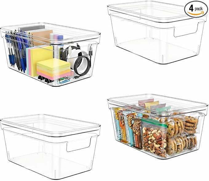 MOONEDGE Clear Plastic Storage Bins with Lids and Handles – Stackable Organizer Containers for ... | Amazon (US)