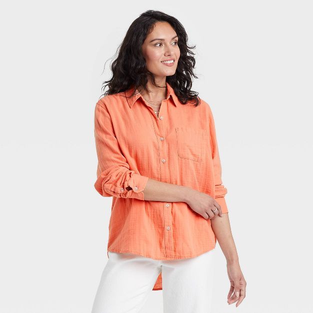 Women&#39;s Long Sleeve Relaxed Fit Gauze Button-Down Shirt - Universal Thread&#8482; Coral Orang... | Target