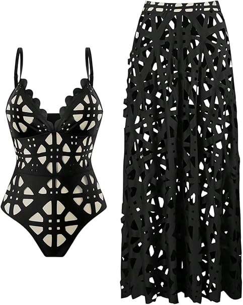 WDIRARA Women's Hollow Out 2 Piece Swimsuit One Piece with Cover Up Skirt | Amazon (US)